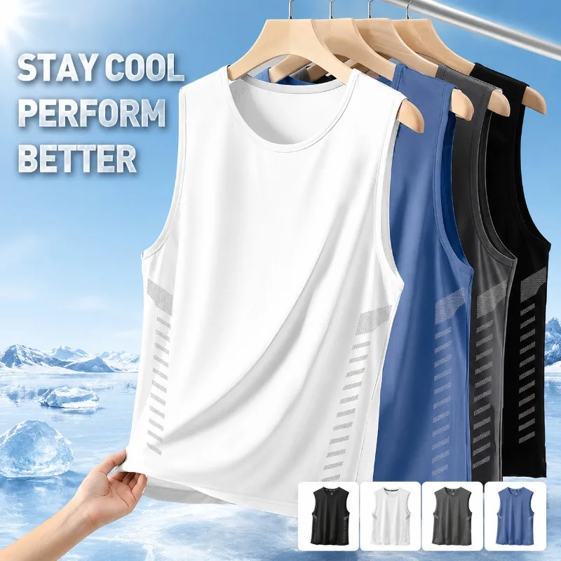 Men Crew‑neck Sleeveless Tank Top, Ice‑silk Cool‑touch Summer Running Upper Garment, Quick‑dry Athletic Camisole, Breathable