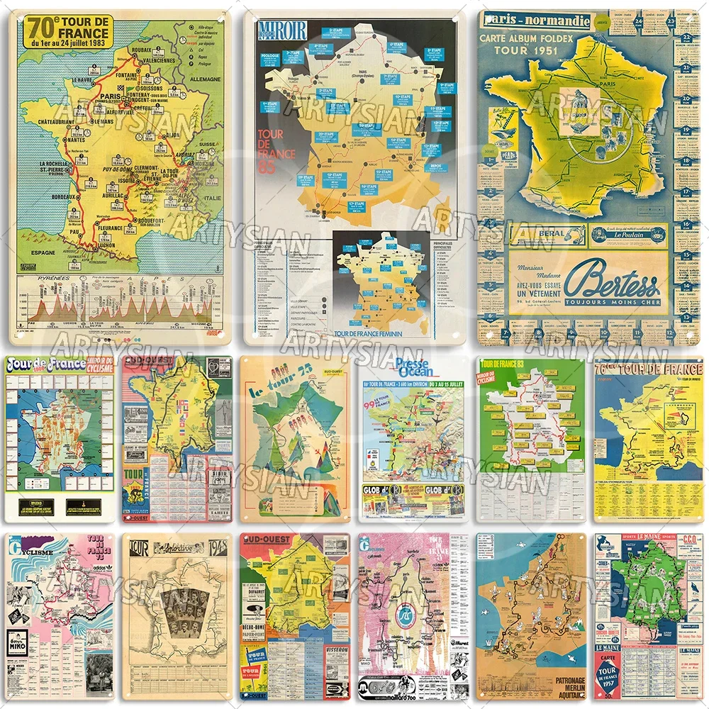 Tour de France Map Metal Sign Bike Cycle Race La Carte Guide Plaque Bicycle Racing Poster L'Équipe Patronage Merlin Riz La Aspen