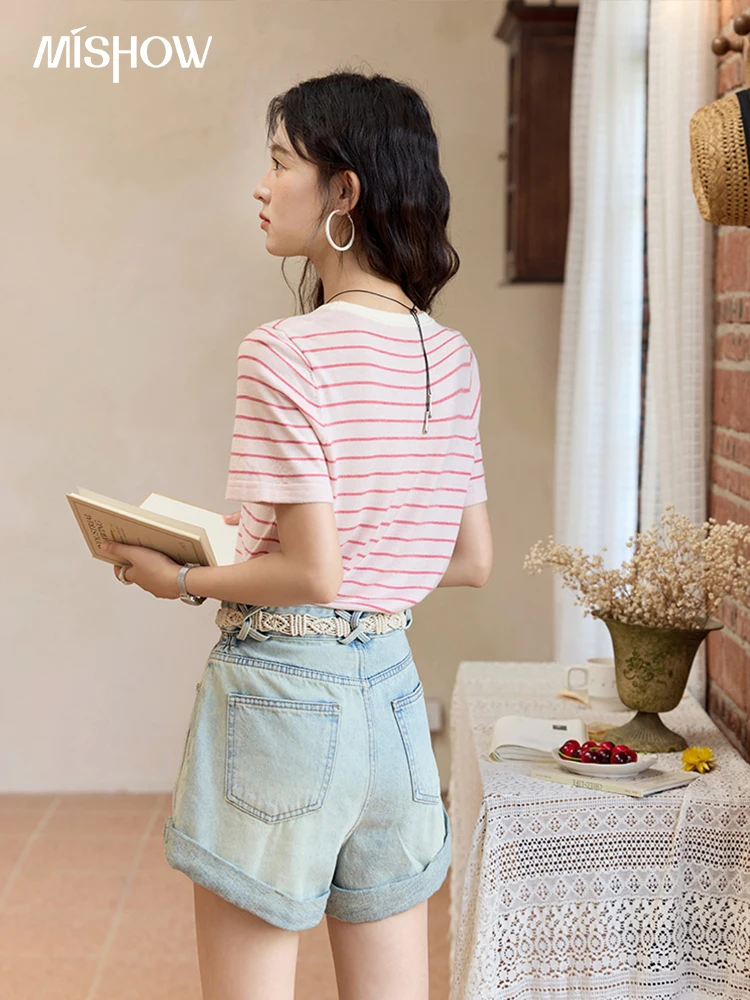 MISHOW ريترو الضوء الأزرق الدنيم السراويل للنساء صيف 2025 موضة عالية الخصر غسلها زر سستة واسعة الساق السراويل MXE35K0944
