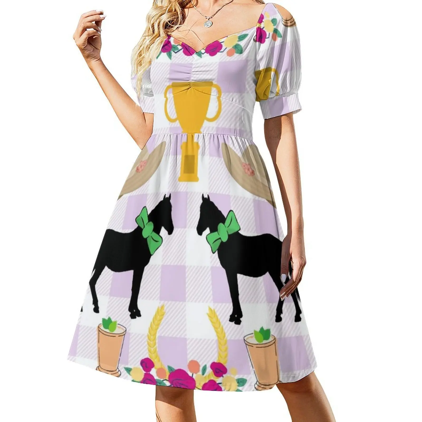 فستان My Old Home على الطراز الكوري للنساء فستان كاجوال أنيق للحفلات أو الارتداء اليومي منزلي القديم ديربي سباق الخيل امرأة الحصان