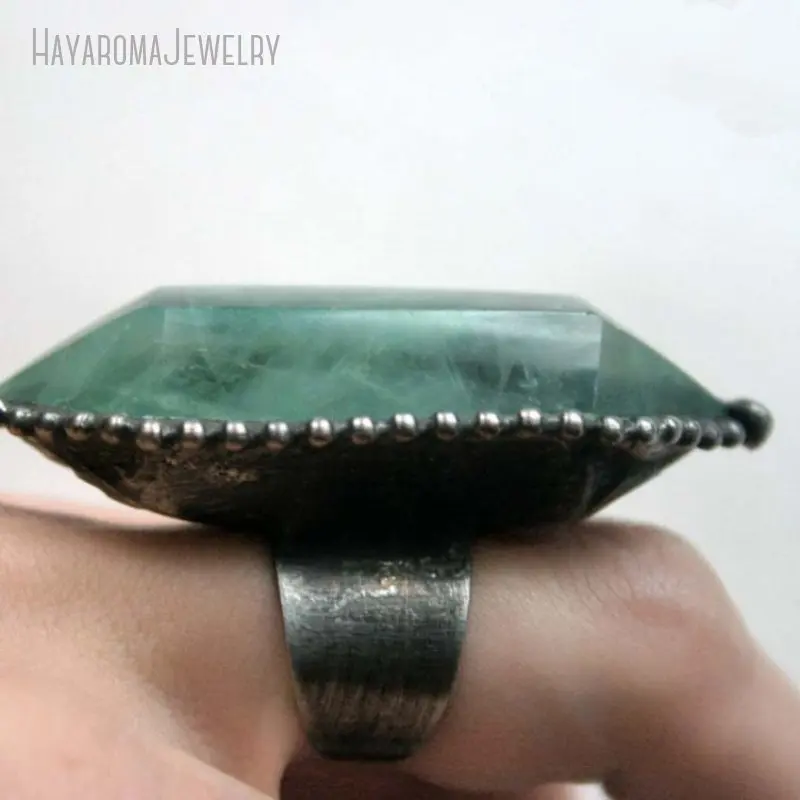 Emo Green Fluorite Crystal Double Point Cocktail Statement Halloween Stainless Steel Ring Women Gothic Goth  Jewelry