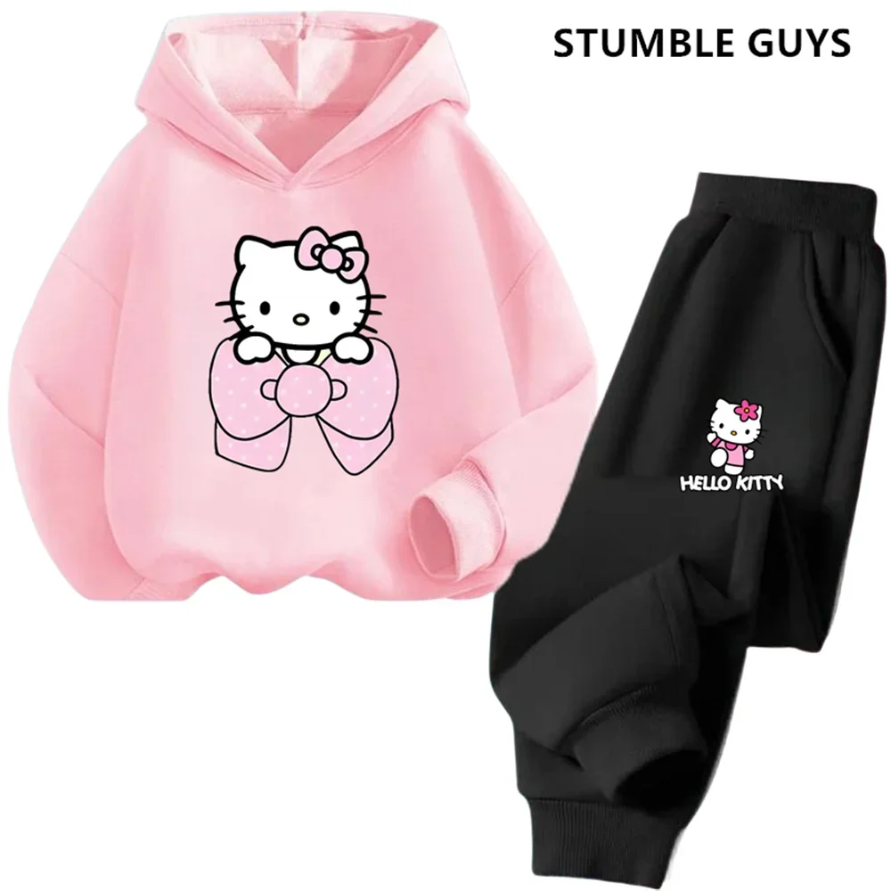 Girls Outfit Set Hello Kitty Hoodies Sets Baby Girl Clothes 4-14 Years Girls Clothing Tops Pants Suits Sports Suits Hoodies