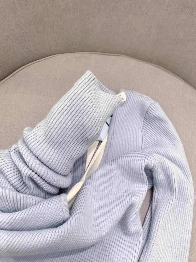 Blue Fake Two Pieces Sweater Women Spring Autumn New V-Neck Long Sleeves Elegant Knitted Pullovers Fashion Trend Undershirt