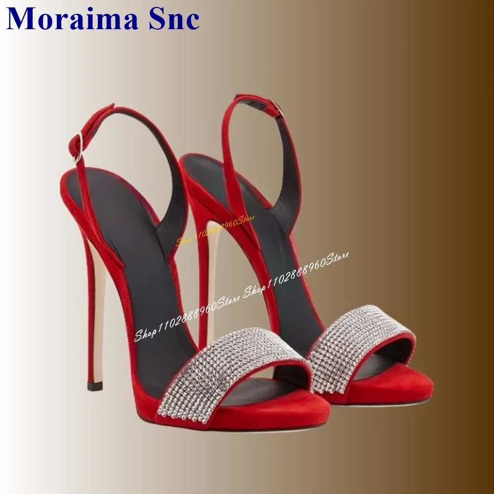 

Slingback Red Flock Crystal Strap Sandals Thin High Heel Women Shoes Back Buckle Strap Open Toe 2024 Sexy Zapatos Para Mujere