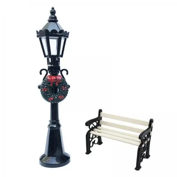 Mini Lamps Antique Park Bench Street Light Miniature Decor for Dollhouse Accessories 1 12 Scale Garden
