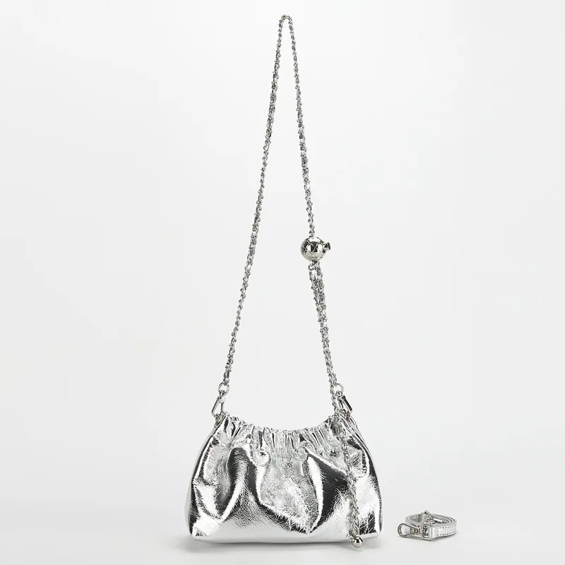 Women's Ruched Shoulder Crossbody Bag in Metallic Silver Genuine Soft Leather with Adjustable Gold Ball Chain