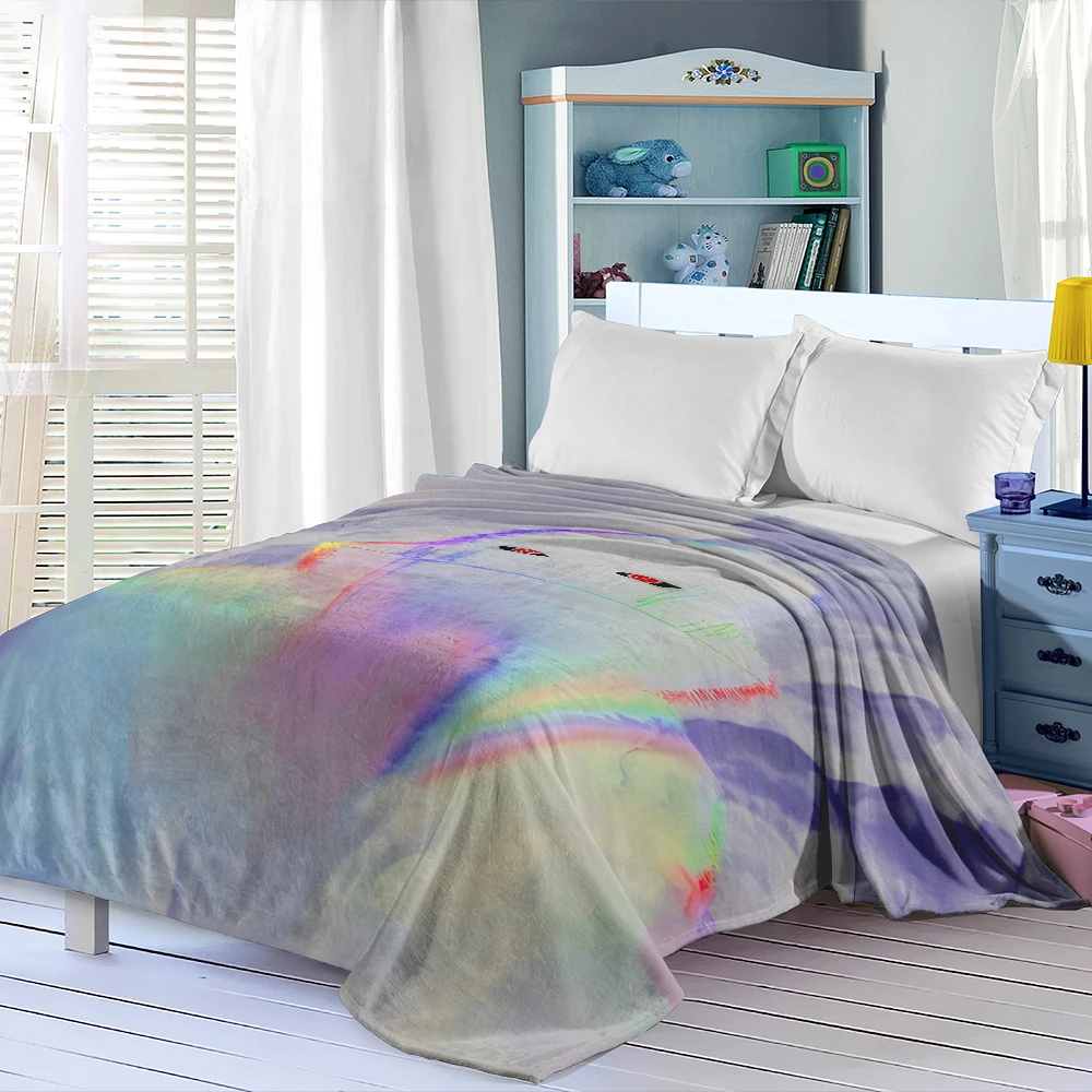 Ghost Glitch Rainbow Eyes Flannel Blanket Cartoon Printed Throw Blanket for Kids Adults Soft Plush Bed Sofa Cover Gift