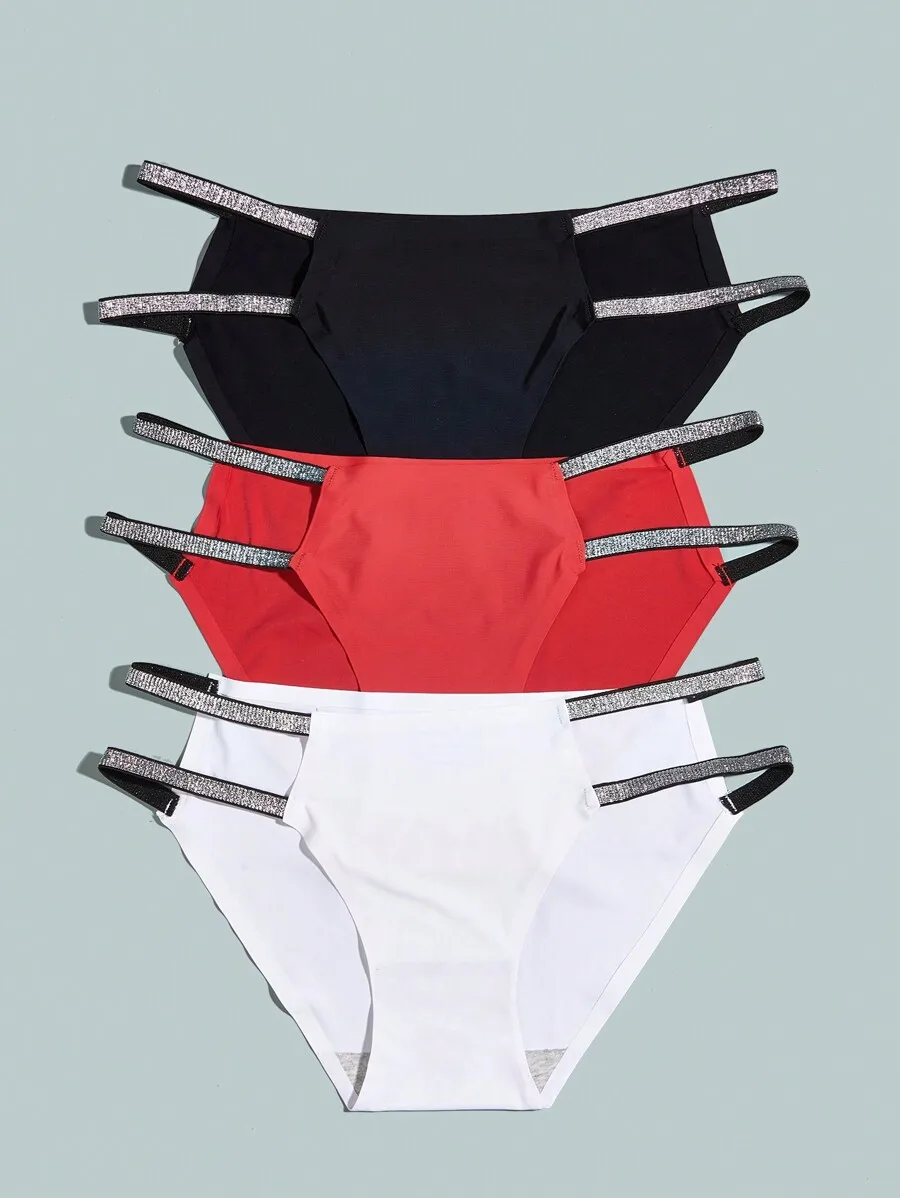 

3pcs Women Low Rise Triangle Brief With Shiny Woven Band
