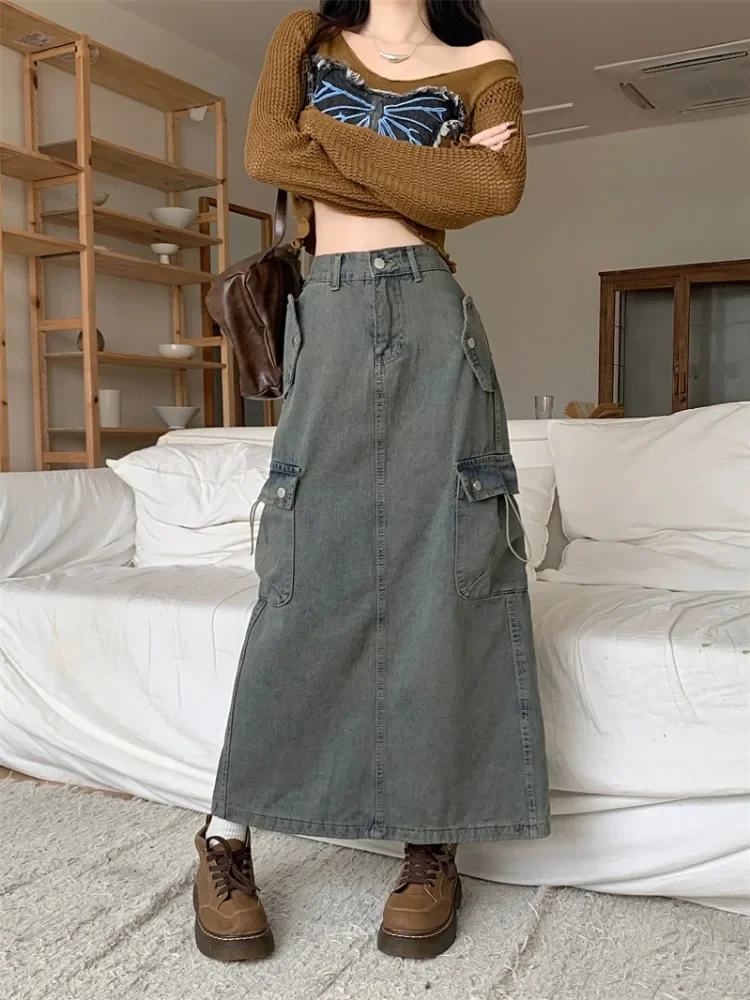 

2024 Summer Women's Harajuku Vintage Baggy Blue Denim Skirt High Waist Y2K Street Style Basic Casual A-line Slim Fit Slit Skirt
