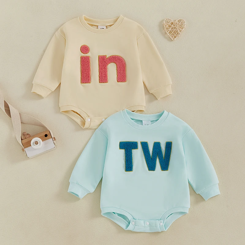 Baby Twins Matching Romper Casual Letter Embroidery Long Sleeve Jumpsuit for Newborn Toddler Girl Boy Cute Clothes