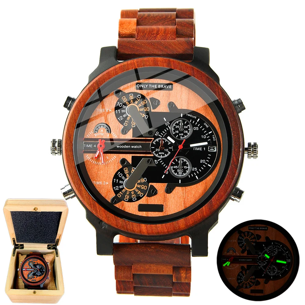 Orologi da polso con quadrante grande orologio da uomo in legno di grandi dimensioni orologio da polso al quarzo da uomo di moda con cinturino orologio doppio orologio in legno per uomo