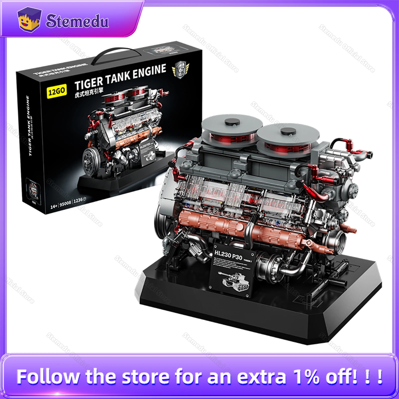 

95008 MOC Моторизованный V8 Tiger Tank Engine Модель 1236 шт. Технический автомобильный строительный блок в сборе Автомобильный кирпич Часть стержня Игрушки Детский подарок