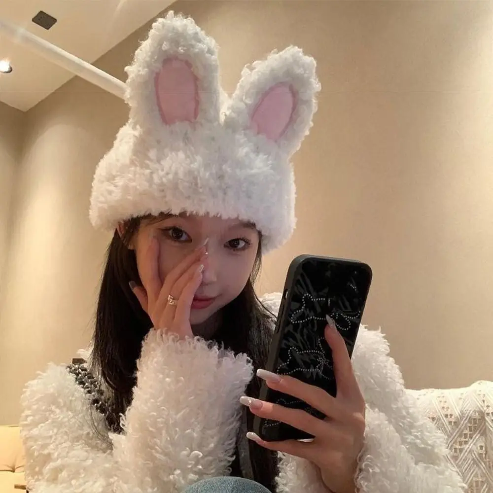 หมวกไหมพรมหูกระต่ายฟูฟ่อง สีพื้น ยืดหยุ่น ไม่มีปีก สวมใส่สบาย สำหรับฤดูหนาว ให้ความอบอุ่น เหมาะสำหรับกิจกรรมกลางแจ้ง