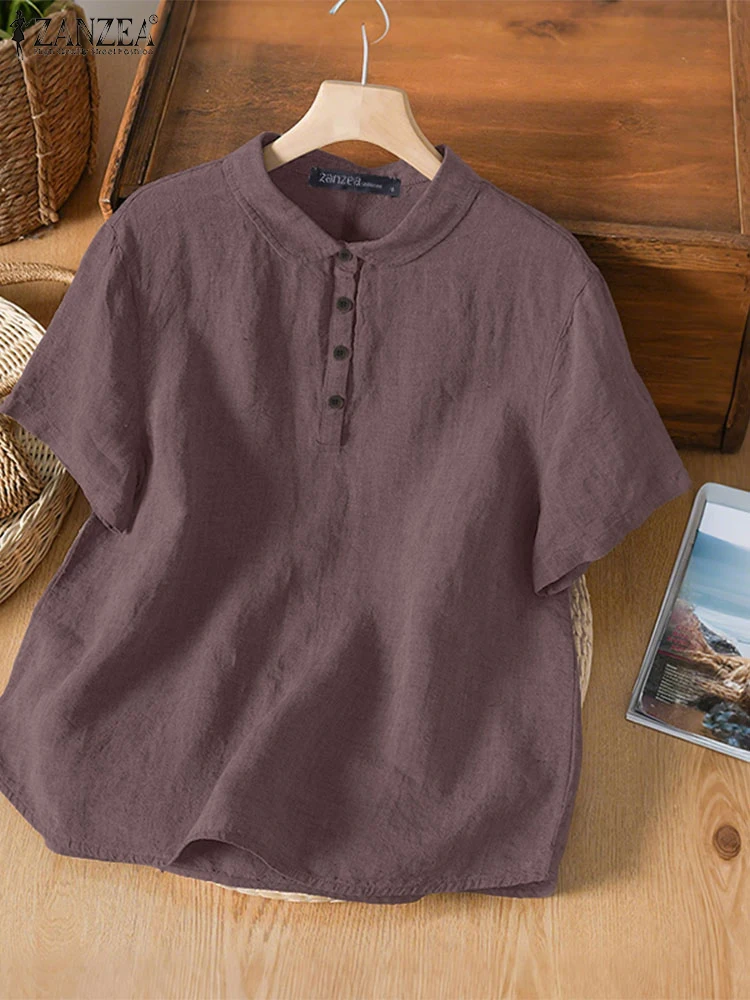 Vintage Solid Work Shirts 2025 ZANZEA Summer Office Blouses Women Short Sleeve Buttons Tops Casual Lapel Neck OL Blusas Mujer