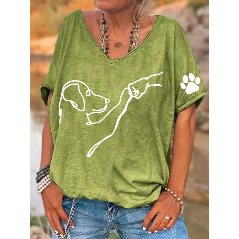 ilstile Women's Dog Print T-Shirts  Summer Short Sleeve Casual Loose V Neck Tops Green White Blue Tees Hot Sale