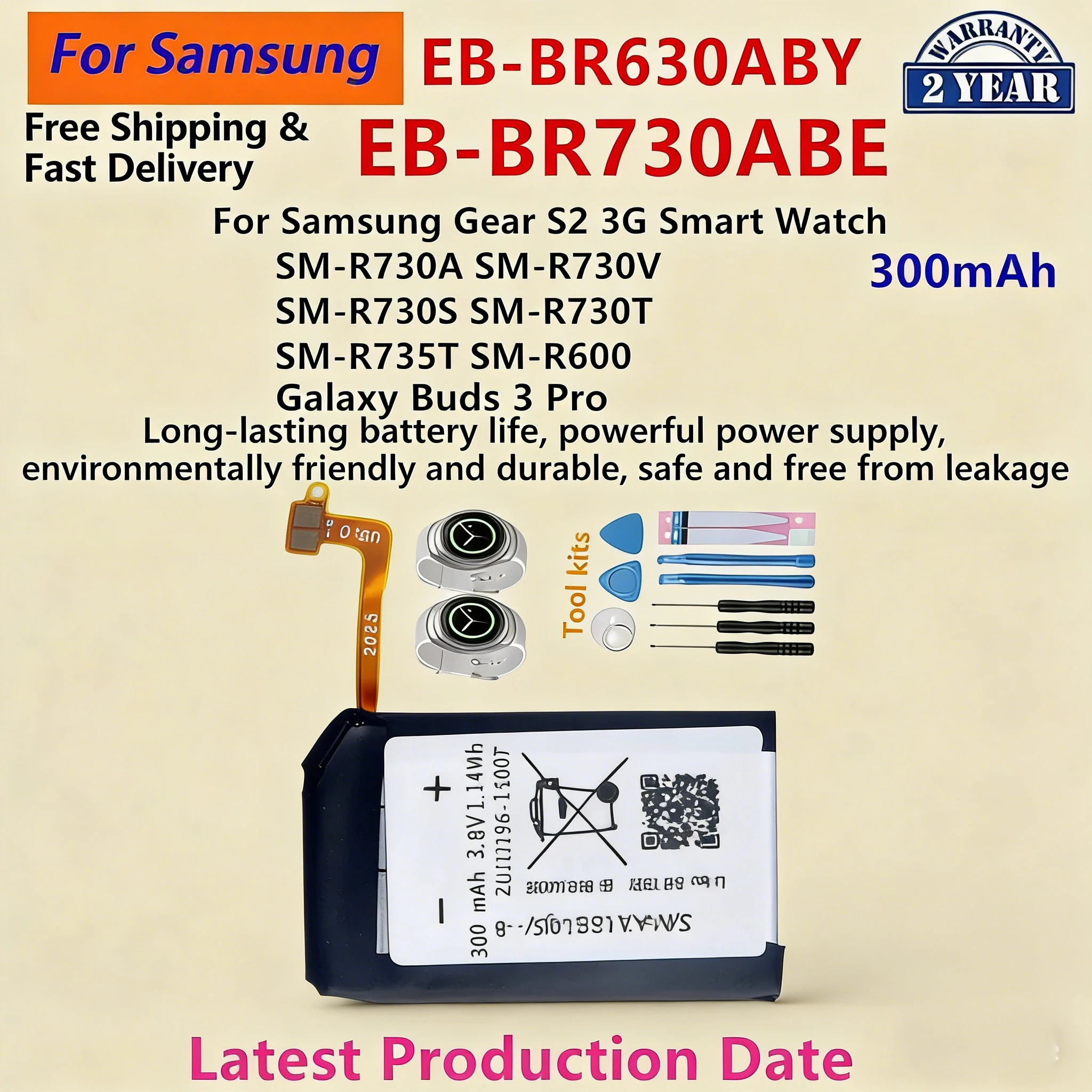

Replacement Battery for Samsung Watch Gear S2 3G R730 Sport R600 (EB-BR730ABE) & Galaxy Buds 3 Pro SM-R630 (EB-BR630ABY) + Tools
