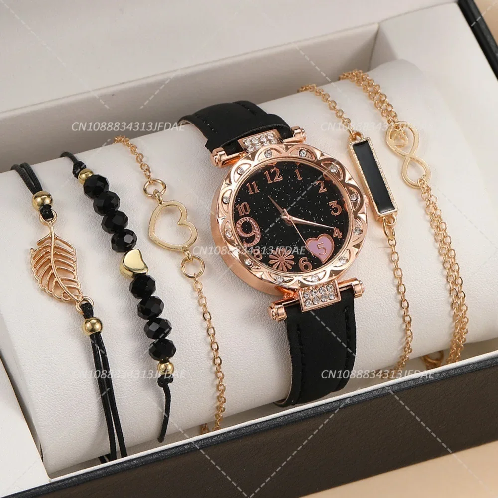 แฟชั่น Heart Dial นาฬิกาผู้หญิง Casual หนัง Band Analog ควอตซ์นาฬิกา Leaf สร้อยข้อมือชุด (ไม่มีกล่อง) relogio Feminino