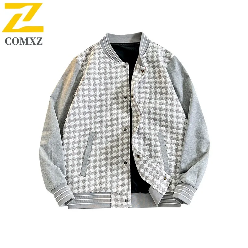 COMXZ Autumn Jacket Men Baseball Loose Black White Plaid Color Block Fashion All-Match Casual Korean Style outdoor sports Coat