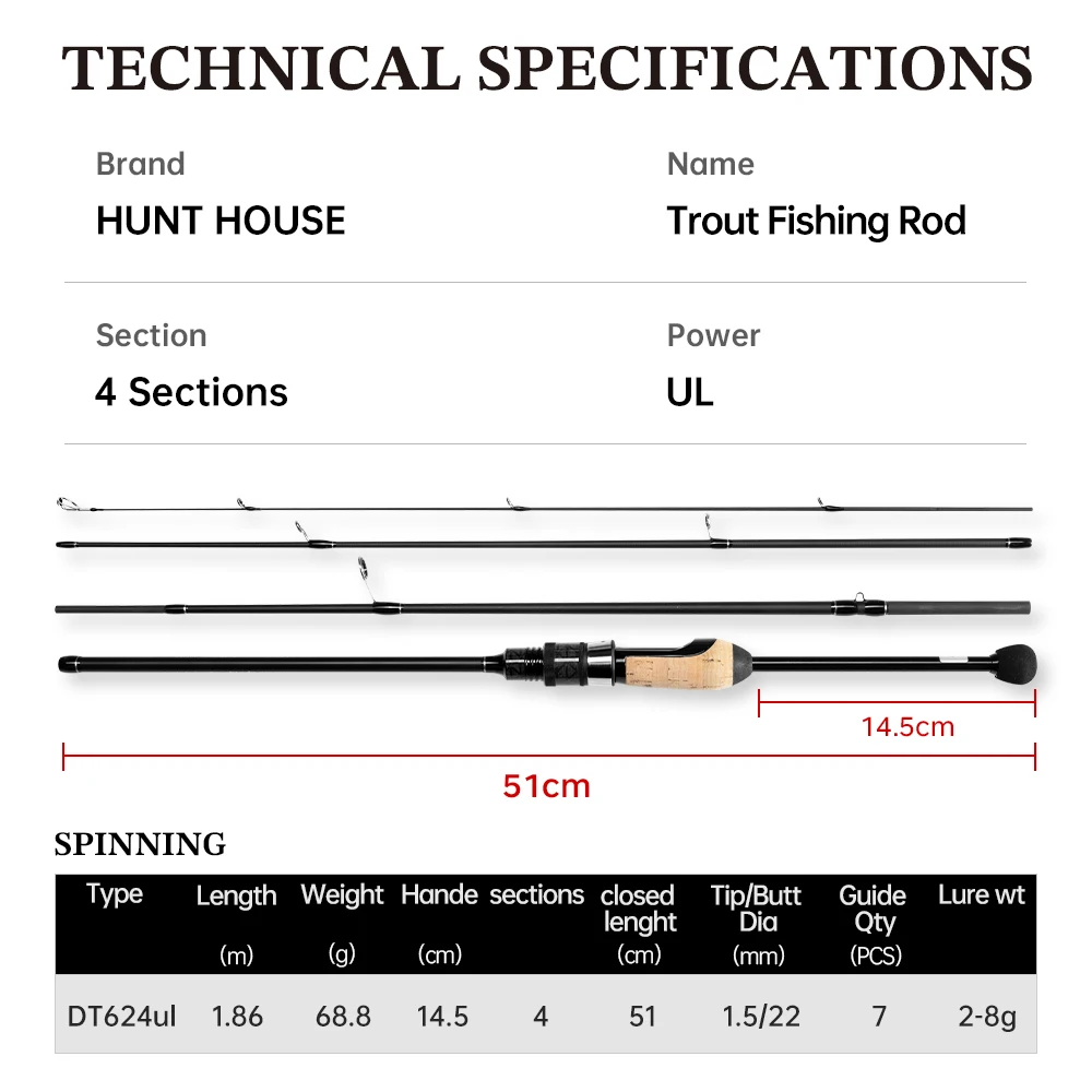Hunthouse Trave 4-teilige 1,86m UL Spinnrute aus Kohlefaser, ultraleicht, Wurfgewicht 2-8g, für Forellen, Hechte und andere Fische. – Detail 3
