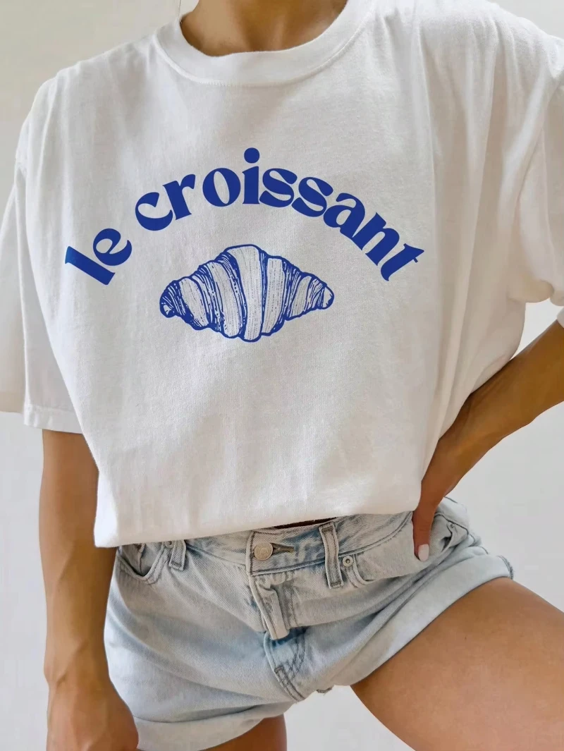 

2025 New Le Croissant Croissant Graphic Round Neck Women's T-shirt Summer Spring Letters Minimalist Contrast Pattern Print Color