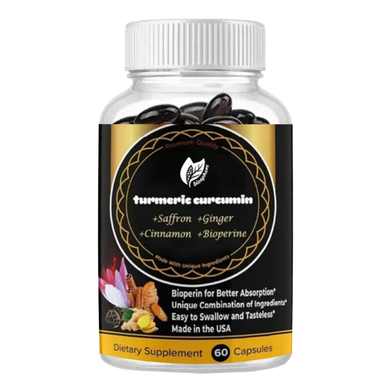 Saffron Turmeric Supplement, Containing Biological Pepper, Cinnamon, Non GMO, Gluten Free, 60 Capsules