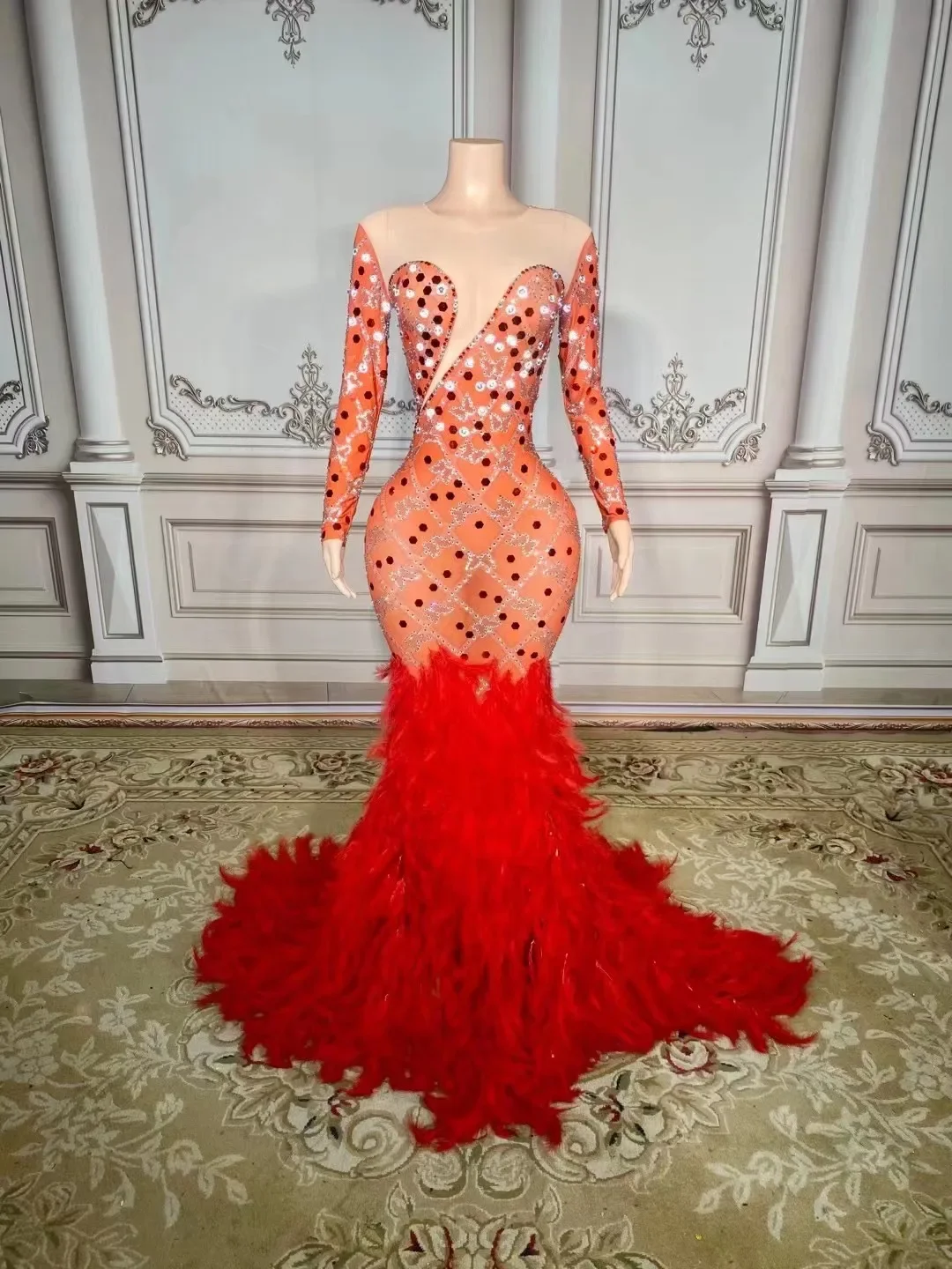 

Red Color Feathers Ladies Long Sleeve Beading Trumpet Floor-Length Dress Bodycon Evening Party Dress Singer Show Stage Costume
