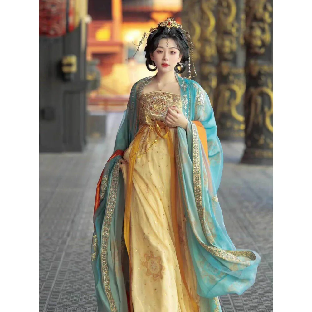 

Женский костюм в стиле Ханьфу династии Тан: рубашка с длинным рукавом и тяжелой вышивкой, юбка Хэзи, реставрационный цвет, весенний косплей, костюм на Хэллоуин