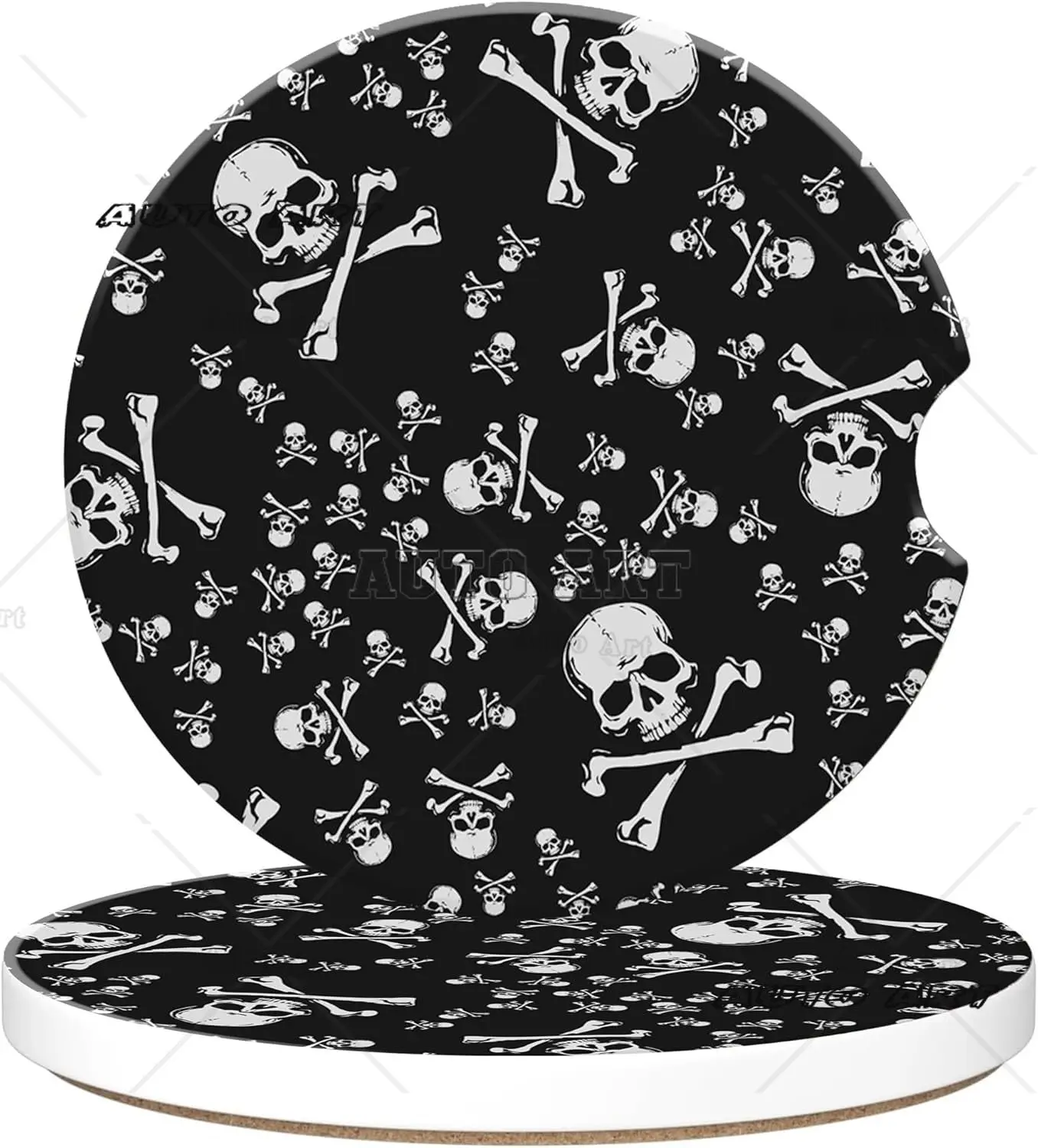 Skull Heads Car Cup Holder Coaster 2 Pack Pirate Skull Crossbones Anti-Slip Absorbent Ceramic Car Cup Coasters