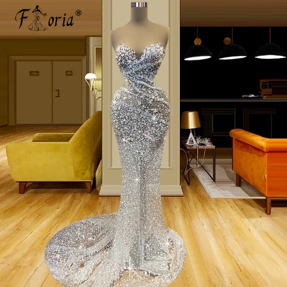 Vestido de sirena de lujo con cuentas brillantes, vestidos de fiesta formales de noche con ilusión de cristal, alfombra roja, vestidos de pasarela