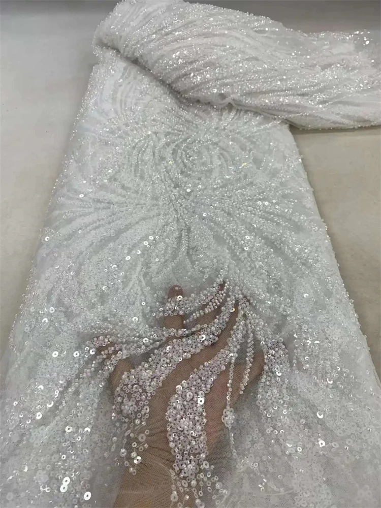 Tessuto di pizzo ricamato con paillettes di lusso nigeriano di alta qualità Tessuto di pizzo francese fatto a mano in tulle con perline per abiti da sposa da donna