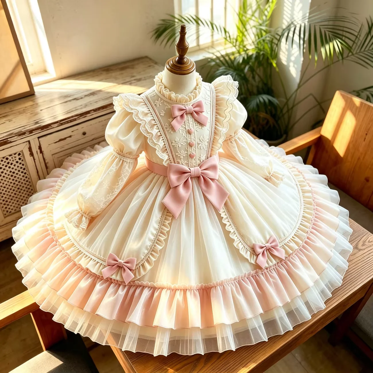 Girl Lolita Princess Dress Spring and Autumn Children's Long Sleeve Lace Dress Birthday Princess Style Dress 100-150CM