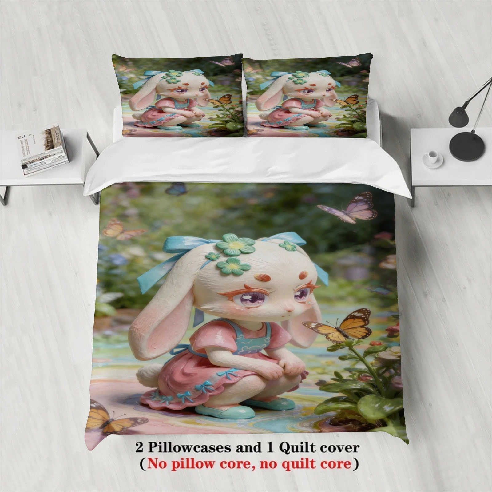 Softville Cozy Town 3PCS Bedding Sets Lop Rabbit Chasing Butterfly Pinted Duvet Cover No filling Cartoon Style Queen King Size
