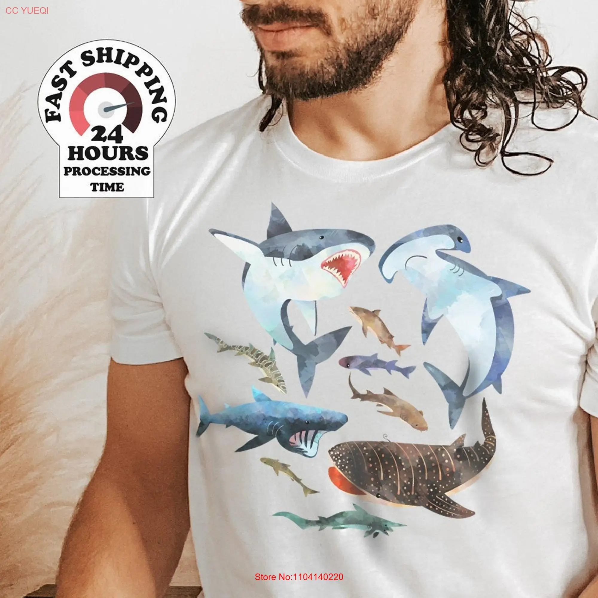 Watercolor Shark T Shirt Types Of Sharks Illustrated Idea Species tee Great White Hammerhead long or short sleeves