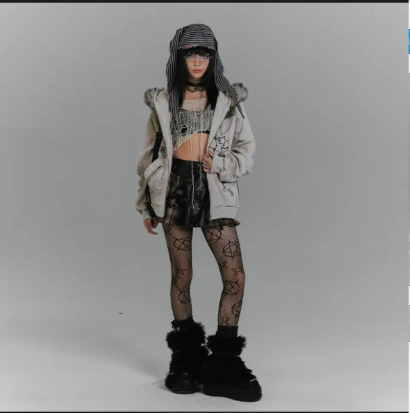 เสื้อแจ็คเก็ตมีฮู้ดลายกระต่ายสไตล์อเมริกันย้อนยุค สีเทา ลายพิมพ์ Abi Y2K เสื้อผู้หญิงสำหรับฤดูใบไม้ร่วงและฤดูหนาว เสื้อผ้าผู้หญิงสไตล์ฮาราจูกุ