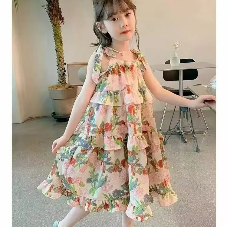 Summer New Fashionable Floral Countryside Style Dress for Baby Girls Colorful Floral Short Sleeved Dress for Girls Aged 3-7