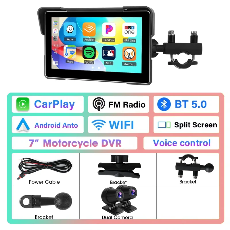 Srnubi 7-inch motorfiets DVR of navigatiespeler GPS Draadloos CarPlay Android Auto Waterdicht Dual Bluetooth Airplay Helm BT