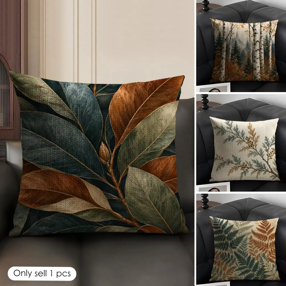 Autumn Woodland Forest Fern Pinecone Cushion Cover Skin-Friendly Organic Linen Pillow Cover Durable Hypoallergenic Washable Soft