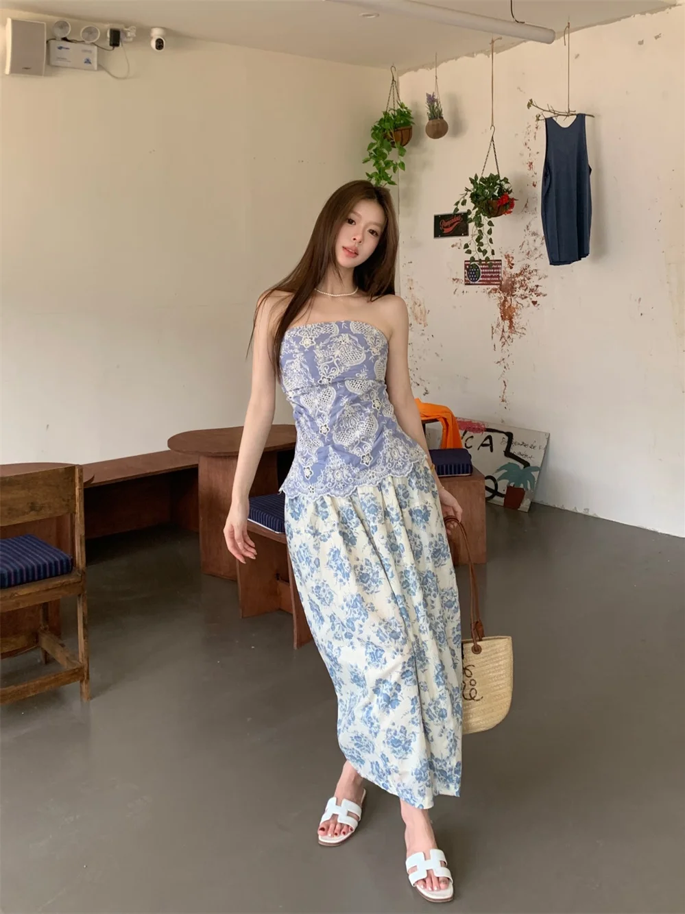 

New Chinese Sle Long Loose Casual Floral f Skirt Elastic Qinghua Porcelain Bottle Stand up Bloom Summer Women's Hanfu