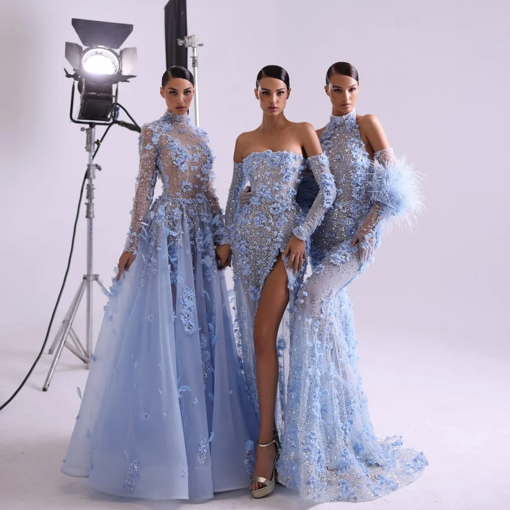 Bella personalizar vestidos de fiesta de plumas de sirena azul flores 3D cuello Halter vestidos de graduación guantes hasta el suelo vestido de novia 2025