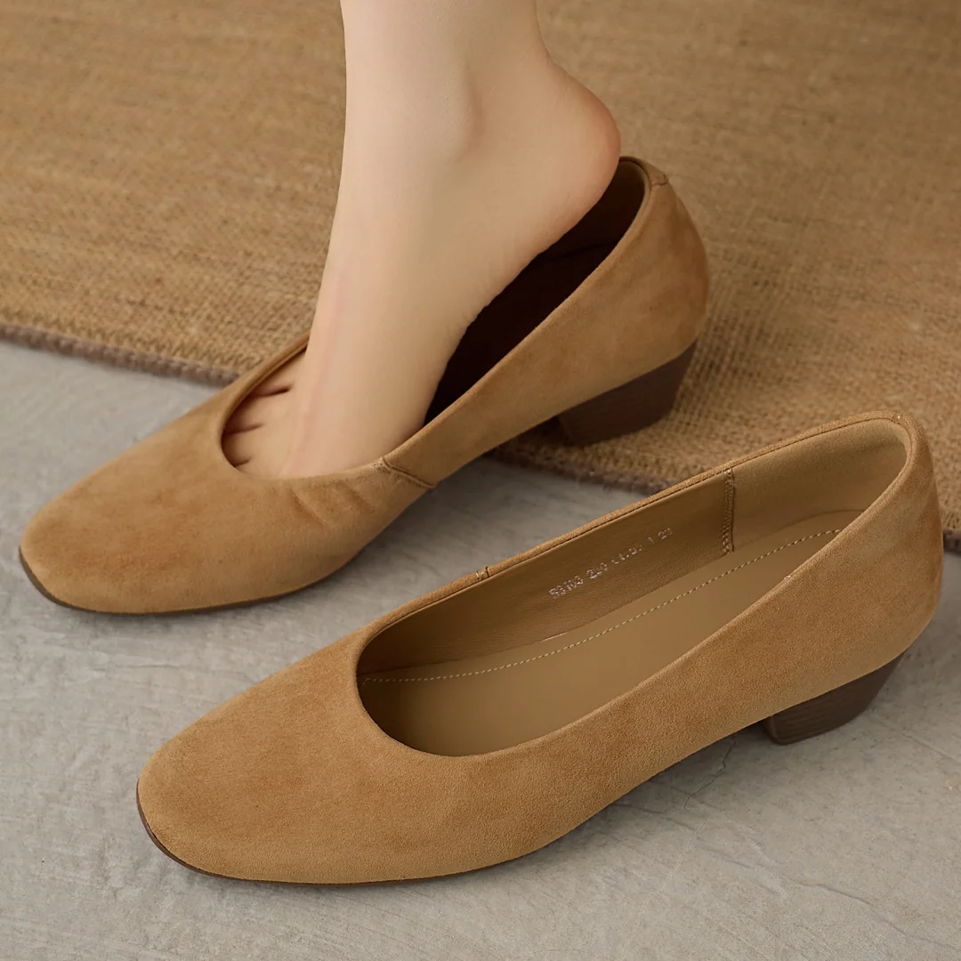 

danxuefei women's natural suede leather square toe slip-on pumps 3.5cm thick med heel elegant ladies daily slim dress heels shoe