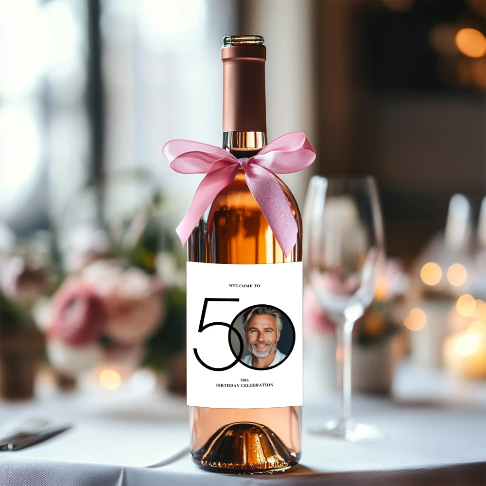 6pcs Custom 30 40 50 60 70 Years Old Birthday Party Face Photo Paper Wine Bottle Stickers Labels Adult Birthday Party Decoration view 2