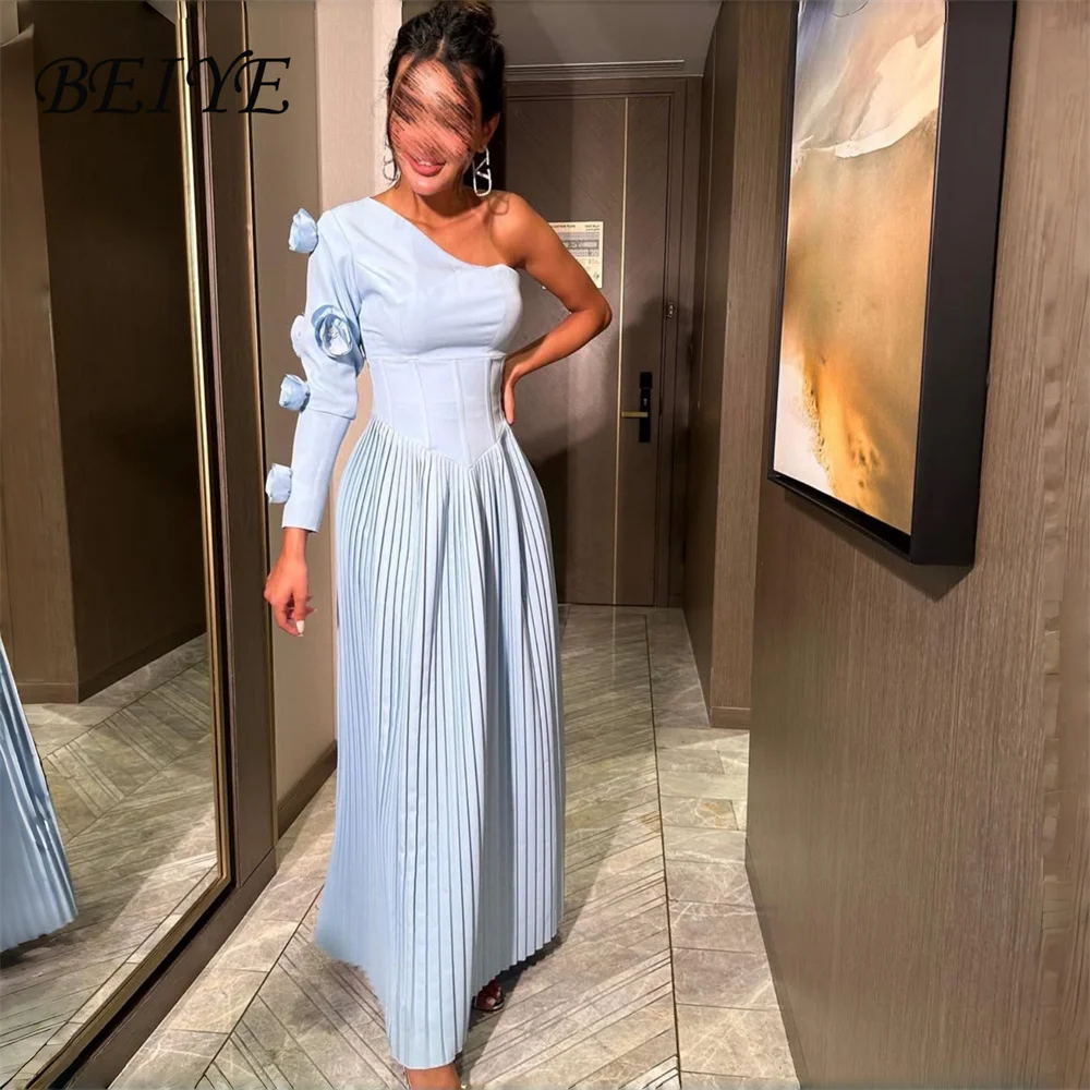 

BEIYE Elegant Blue Pleat A-Line Evening Dress Long Sleeves One-Shoulder Flowers Ankle-Length Prom Dress Party Gown Customized