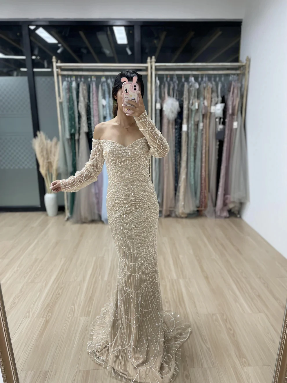 FATAPAESE Customized Sequins Pearls Bodice Beading Wedding Dress Full Sleeve Mermaid Floor-length Gown Bride for Fommal Ball