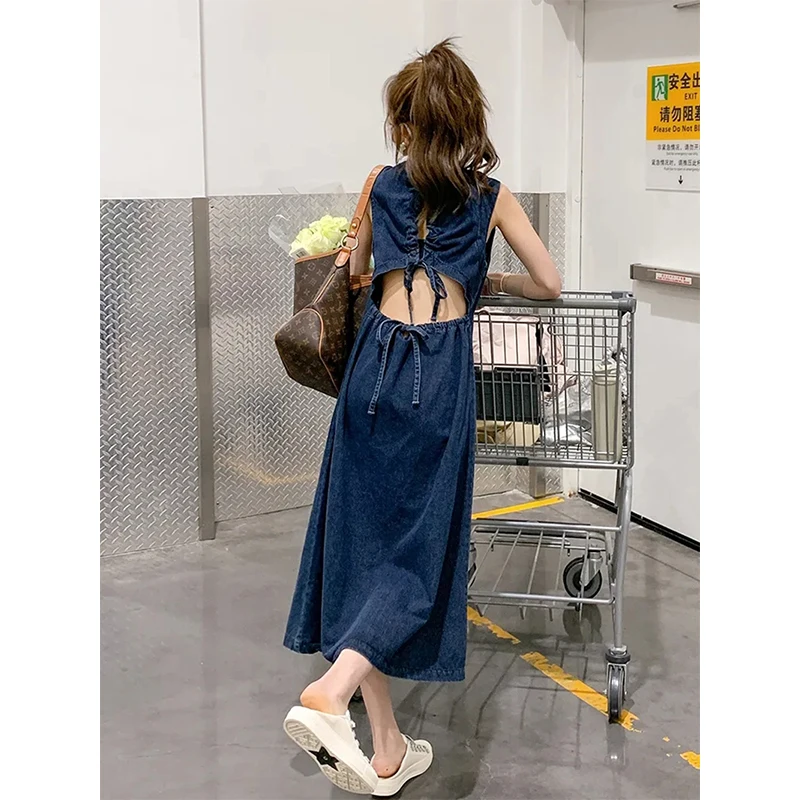 MEXZT Denim Midi Dress Women Hollow Out A Line Dresses Streetwear Sleeveless Backless Sundress Korean Lace Up Casual Vestidos