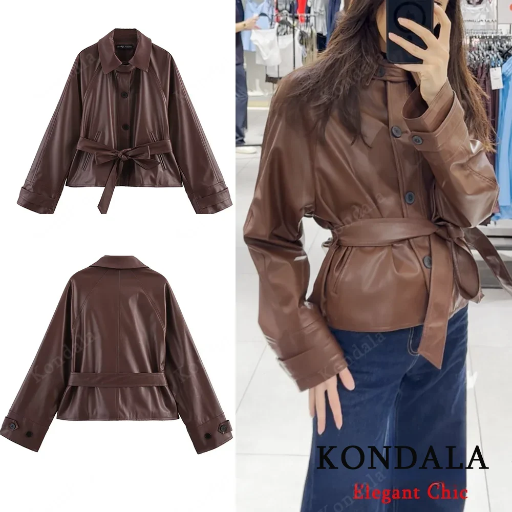 

KONDALA женский стильный короткий плащ из искусственной кожи с поясом, новинка 2023 года, весенне-осенняя модная уличная куртка