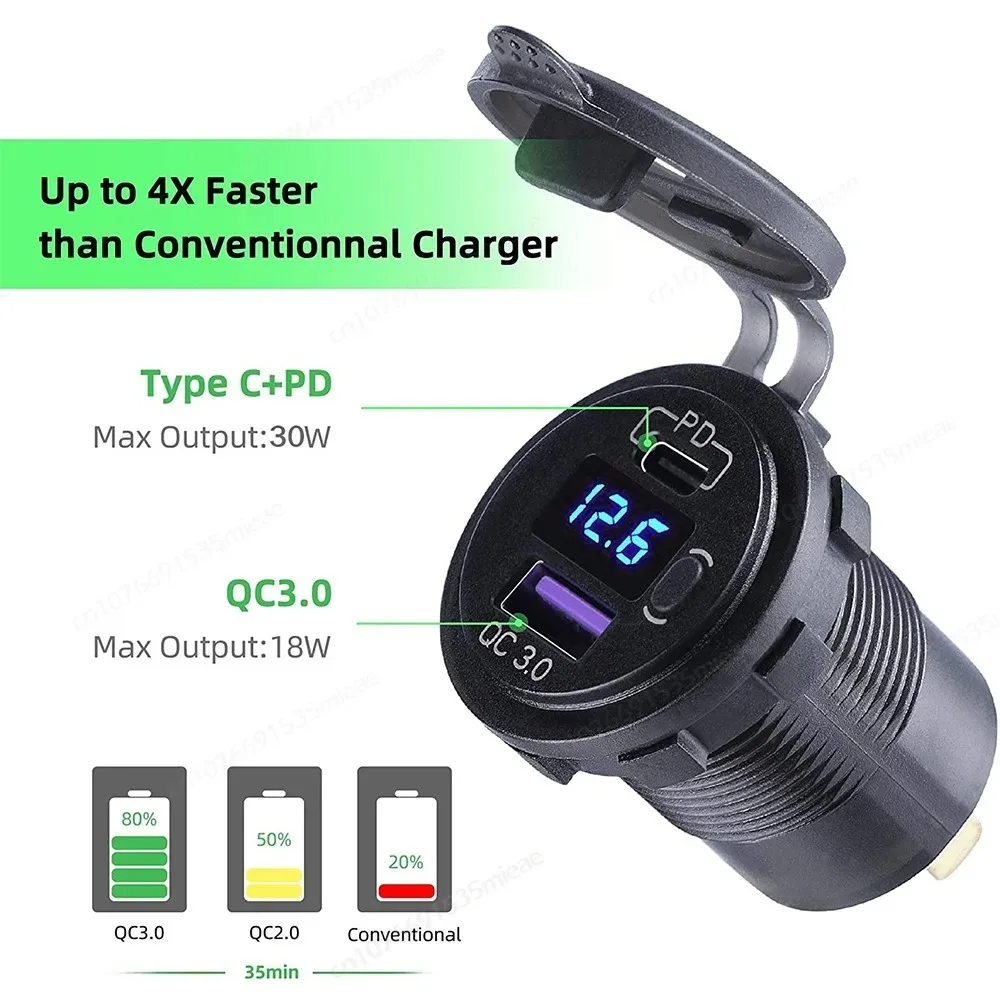12V Cigarette Lighter Socket Splitter with Toggle Switch PD QC3.0 Car USB Charger Socket Panel with Voltmeter for Car Bus Marine