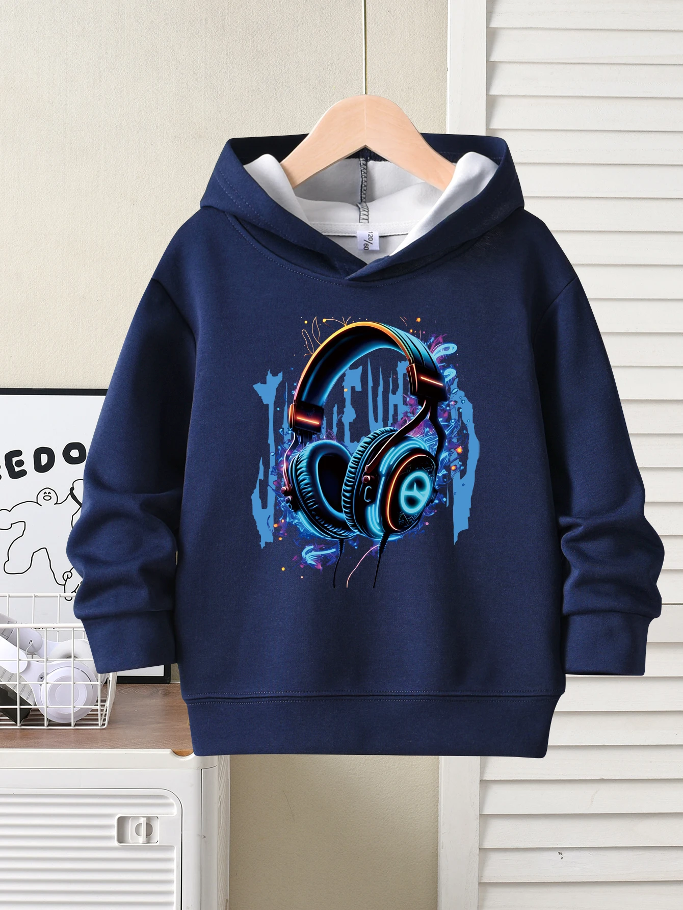 

Boys' hooded sweatshirt with soft and comfortable fabric, autumn fashion blue headphone pattern, boys' hoodie