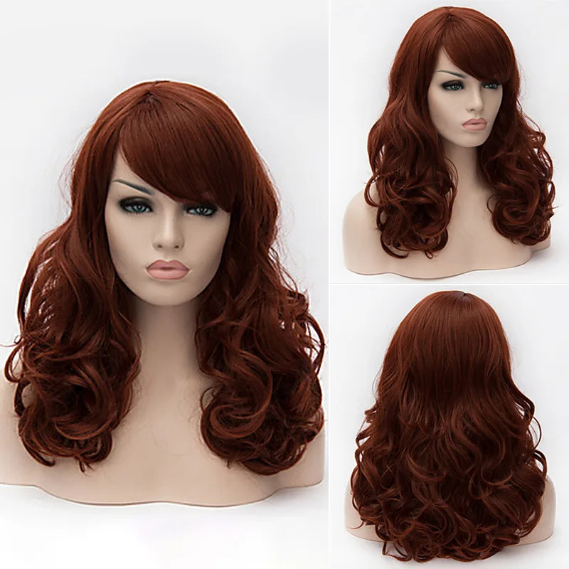 

European and American fashion wig women's reddish-brown oblique bangs wavy roll chemical fiber high temperature silk wig headgea