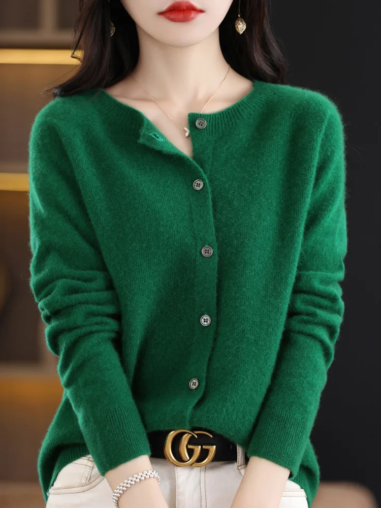 ADDONEE New Spring Autumn Women\'s O-neck Long Sleeve Cardigan 100% Merino Wool Sweater Basic Grace Cashmere Knitwear Korean Tops