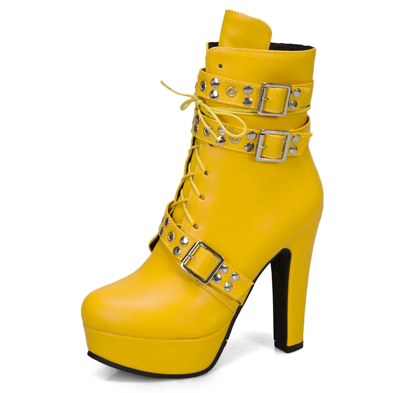 Women Ankle Boots Platform Lace Up High Heel Short Women Boots Buckle Red Yellow White Round Toe Sexy Ladies Shoes Large Size 48